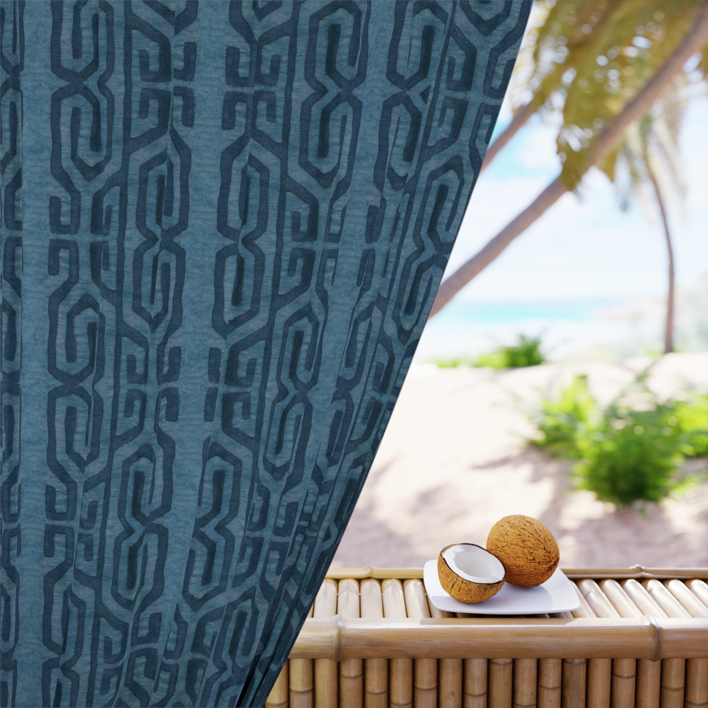 Modern Boho Blackout Curtains in Tribal Kuba Cloth - Blue