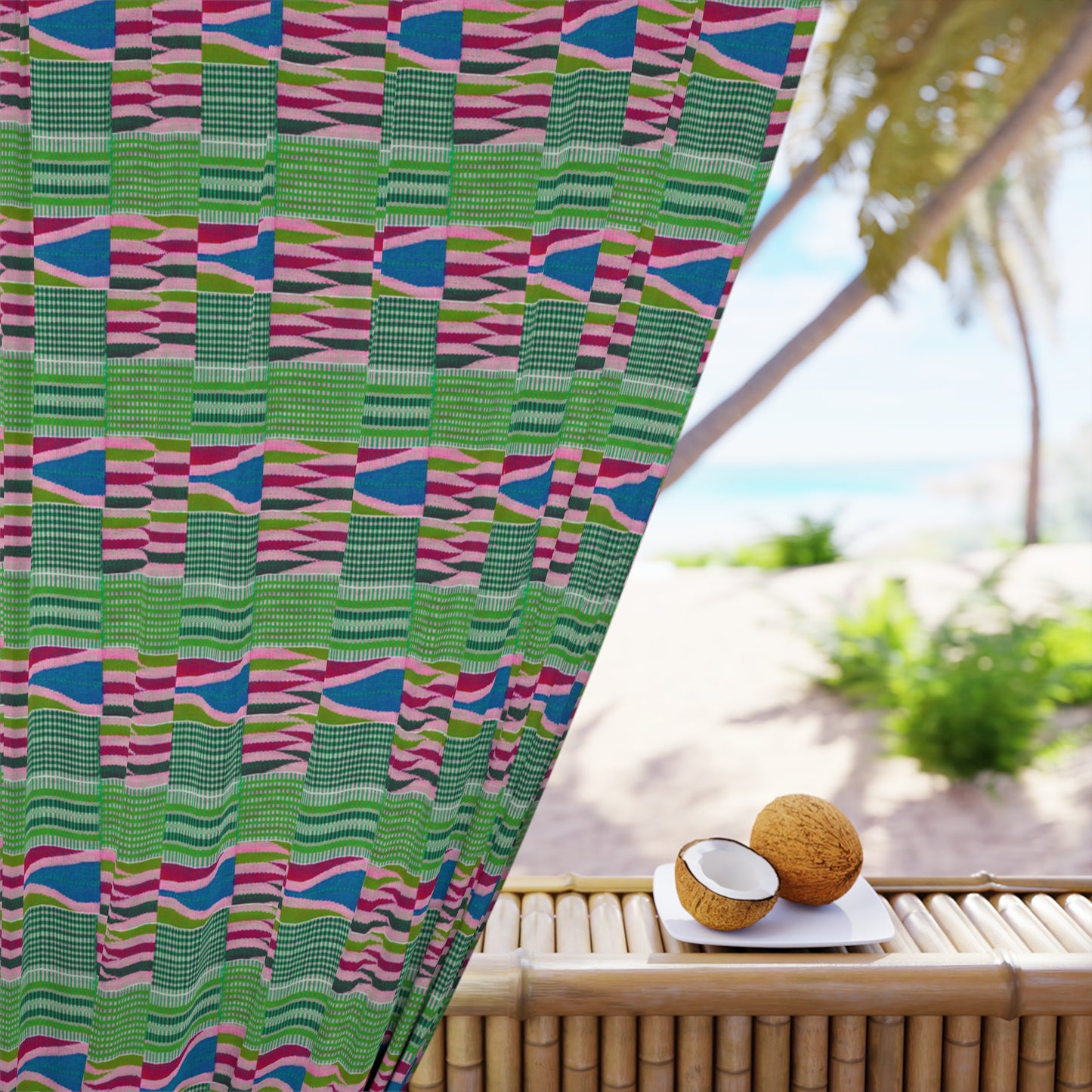 Boho Curtains in African Kente Cloth Inspired - Pink and Green