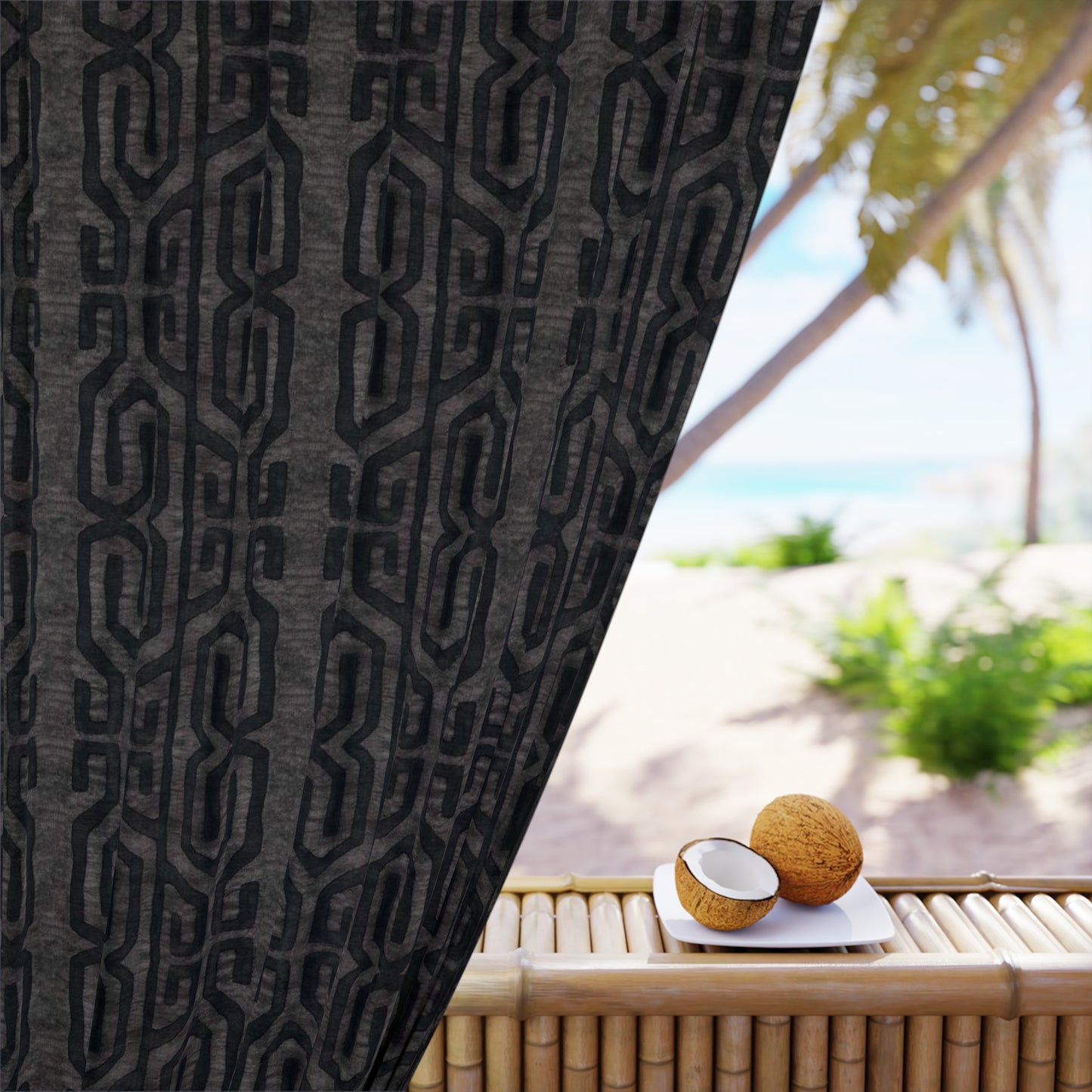 Modern Boho Blackout Curtains in Tribal Kuba Cloth - Charcoal
