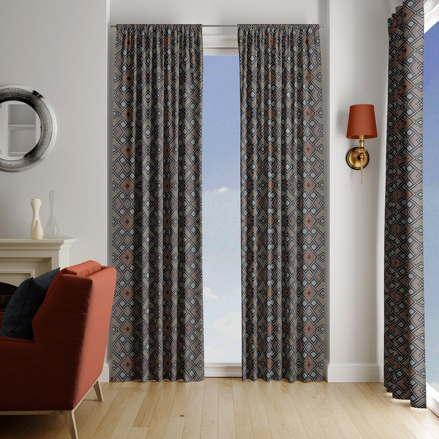 Modern Boho Afrocentric Decor Window Curtains - Orange