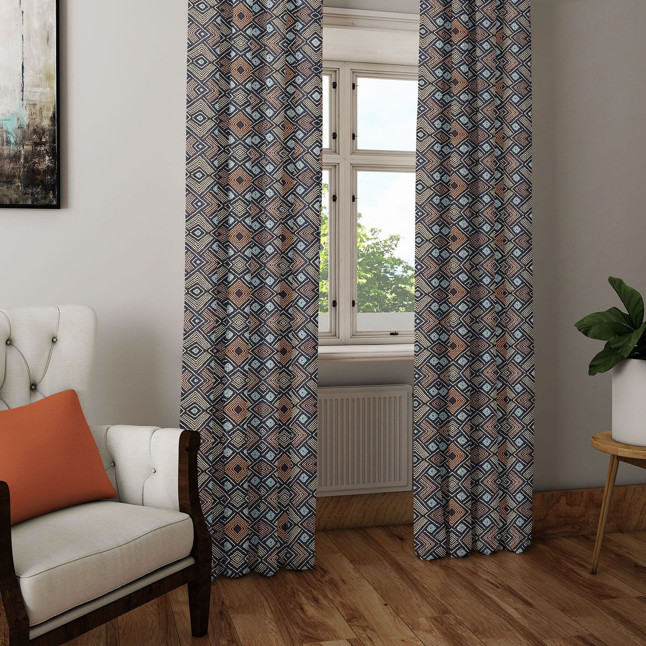 Modern Boho Afrocentric Decor Window Curtains - Orange