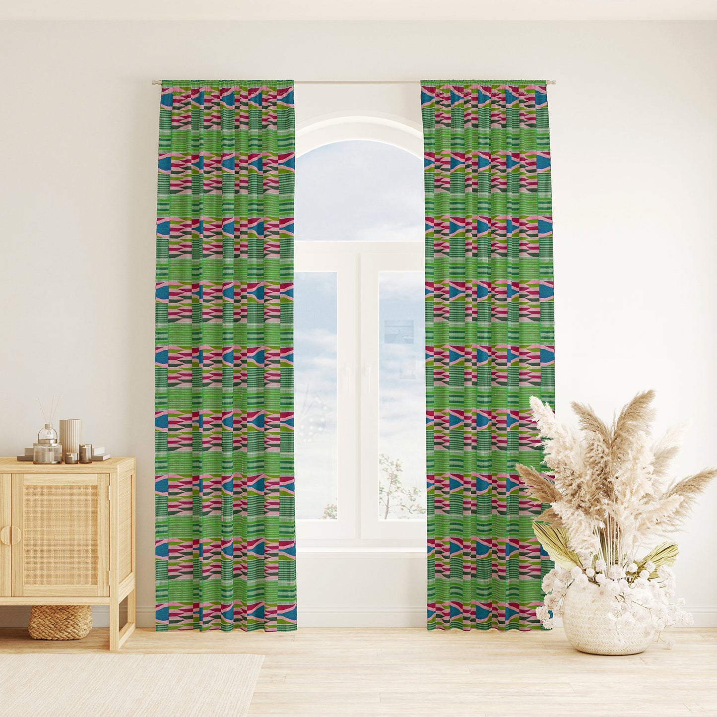 Boho Curtains in African Kente Cloth Inspired - Pink and Green