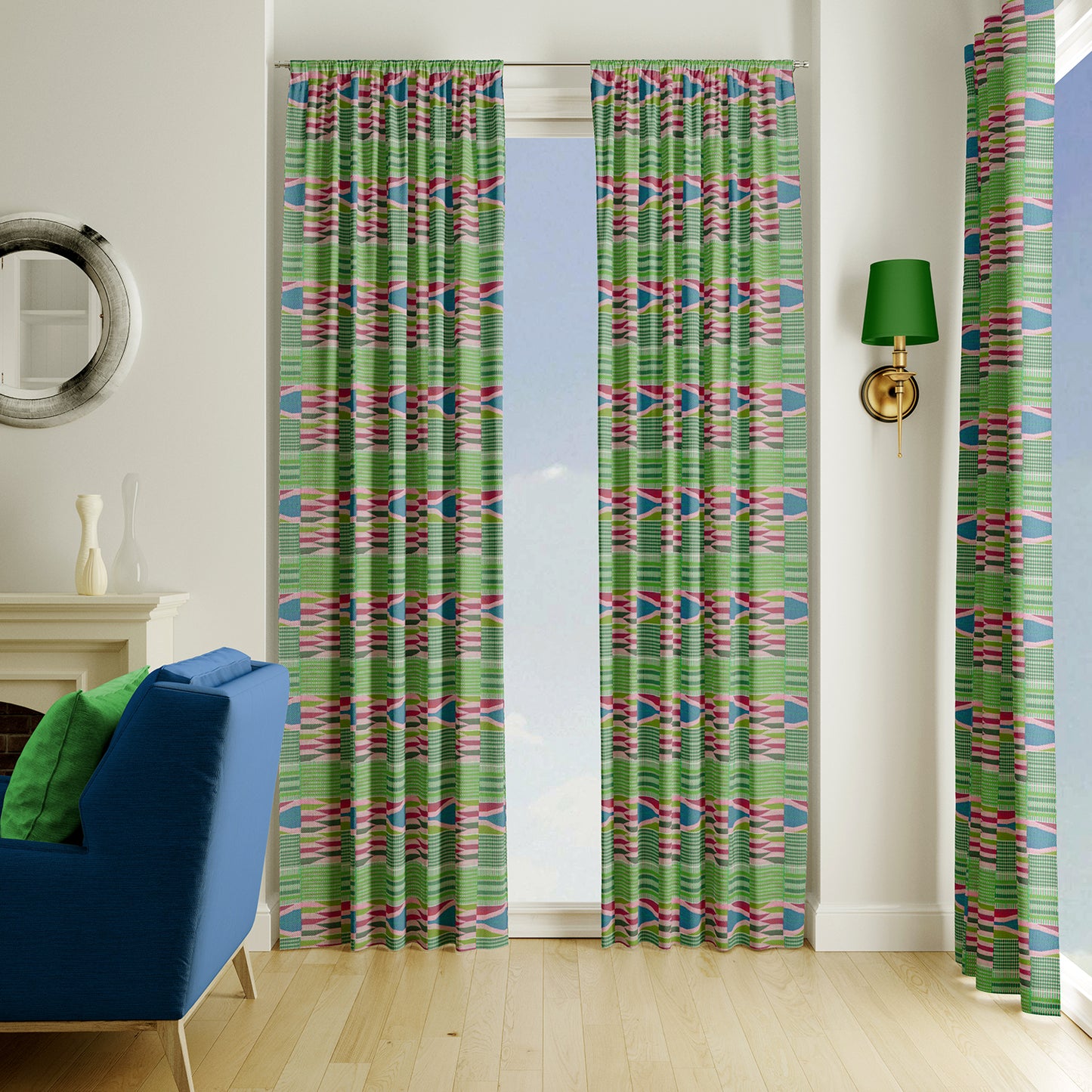 Boho Curtains in African Kente Cloth Inspired - Pink and Green
