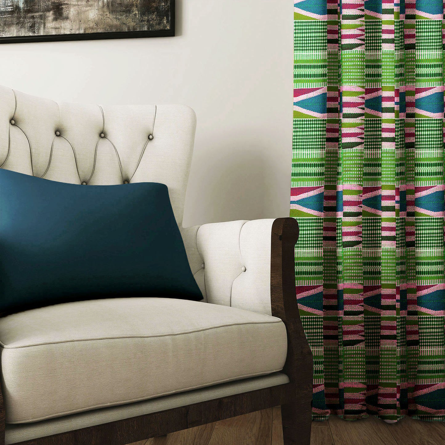 Boho Curtains in African Kente Cloth Inspired - Pink and Green
