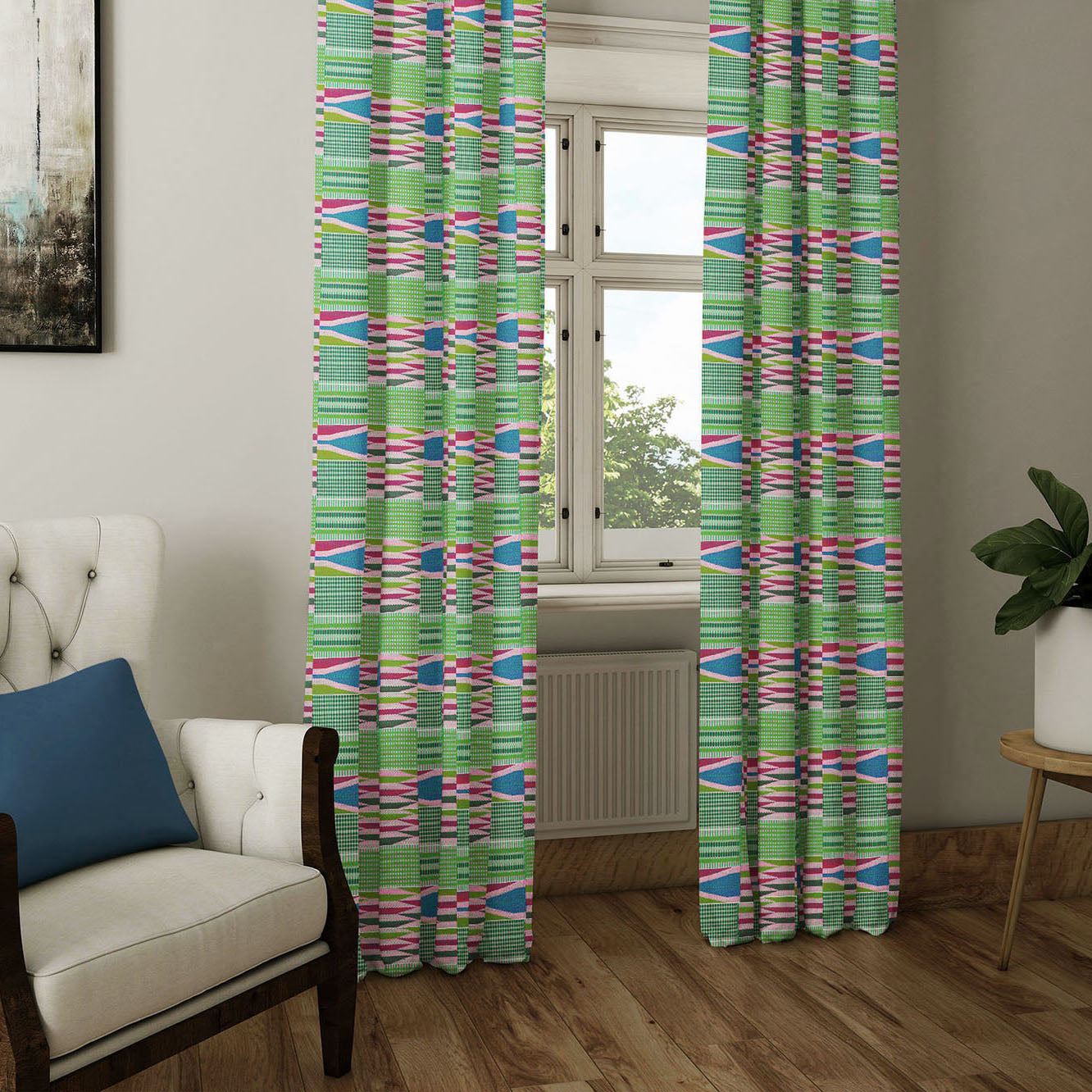 Boho Curtains in African Kente Cloth Inspired - Pink and Green