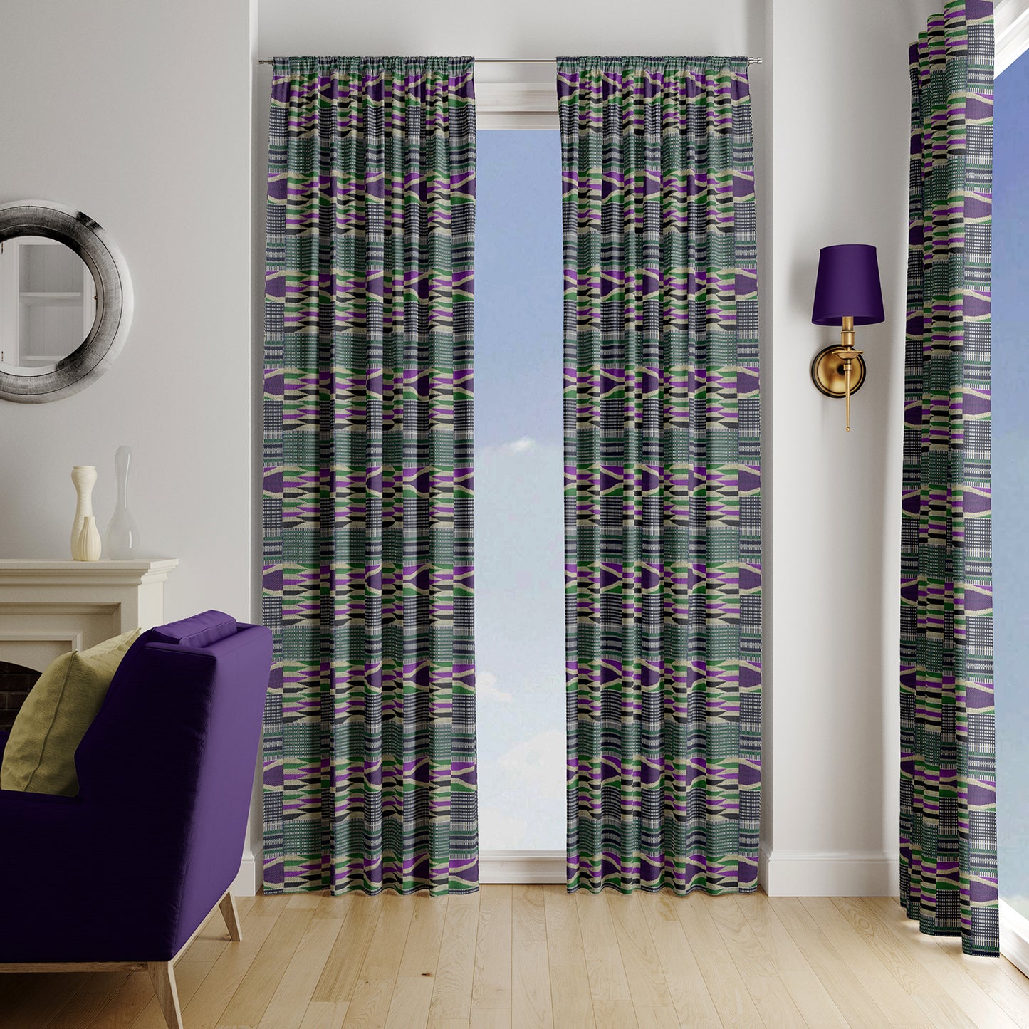 Boho Curtains in African Kente Cloth Inspired - Purple