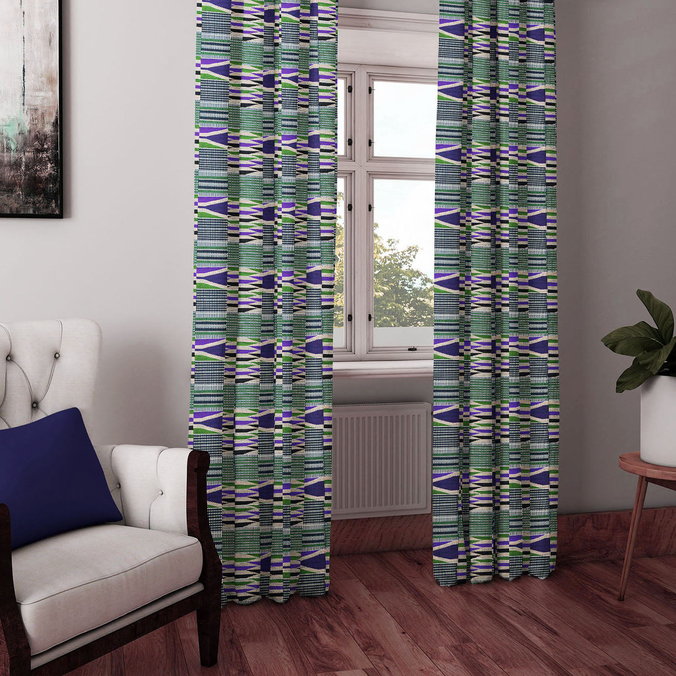 Boho Curtains in African Kente Cloth Inspired - Purple