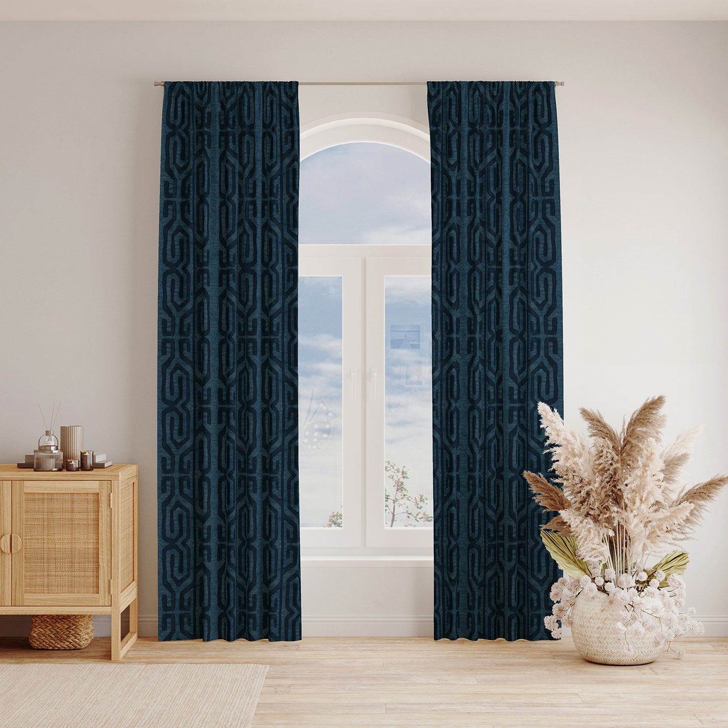 Modern Boho Blackout Curtains in Tribal Kuba Cloth - Blue