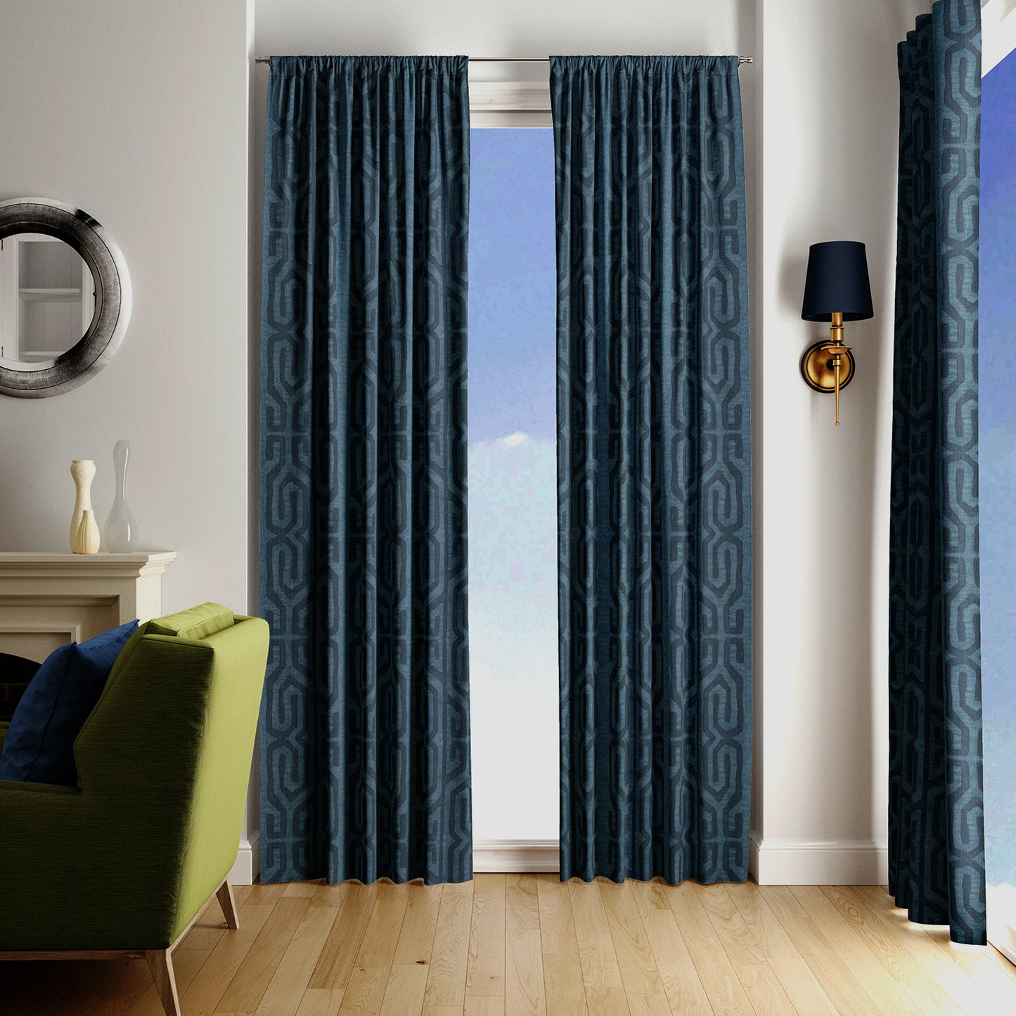 Modern Boho Blackout Curtains in Tribal Kuba Cloth - Blue