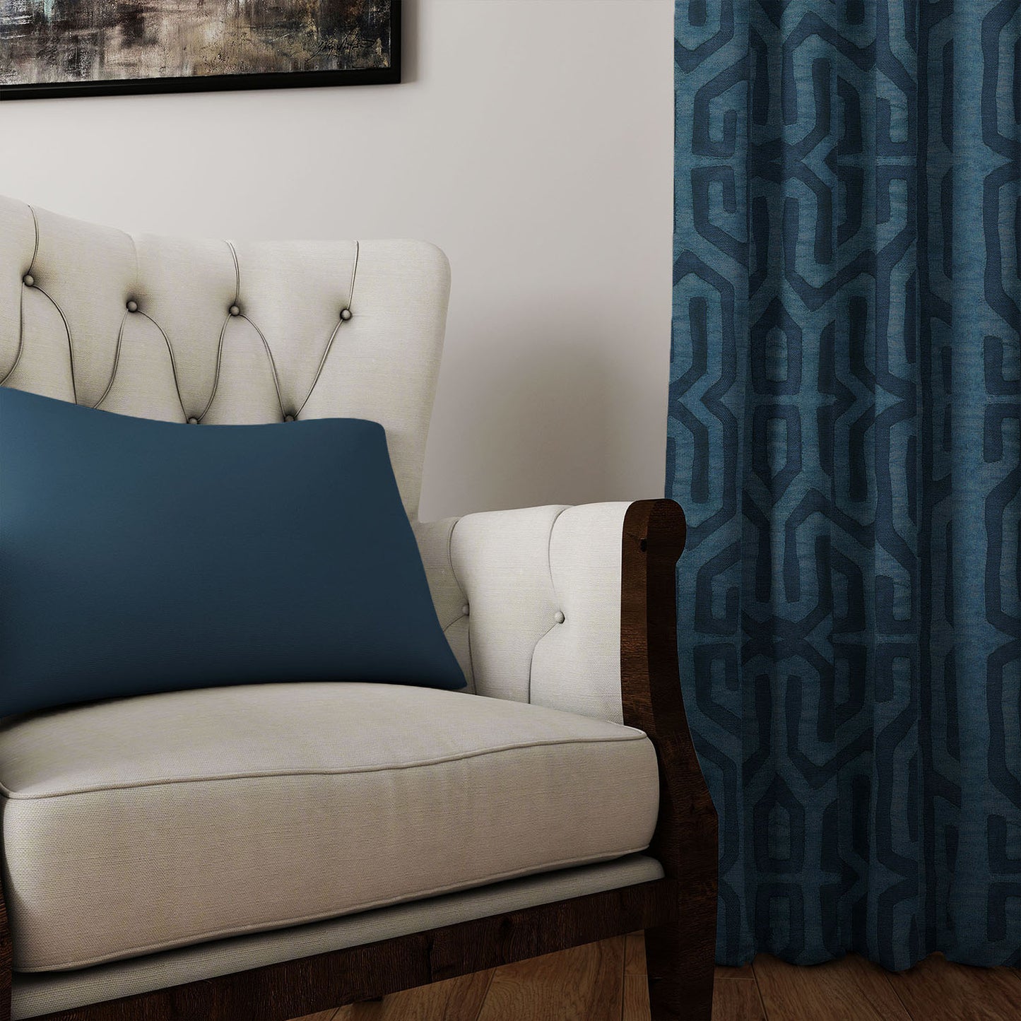 Modern Boho Blackout Curtains in Tribal Kuba Cloth - Blue