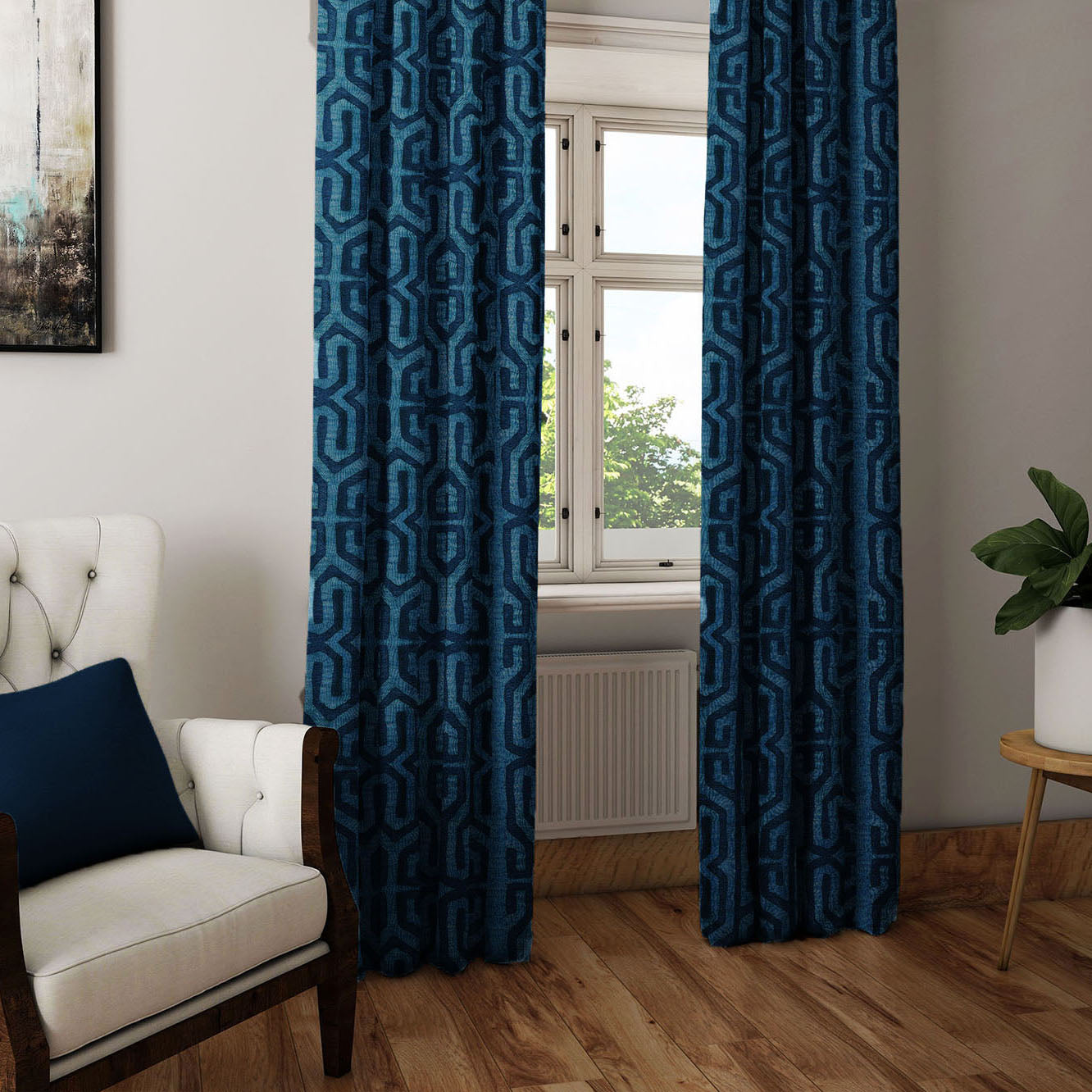 Modern Boho Blackout Curtains in Tribal Kuba Cloth - Blue