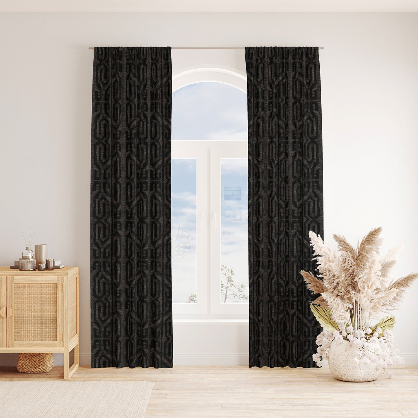 Modern Boho Blackout Curtains in Tribal Kuba Cloth - Charcoal