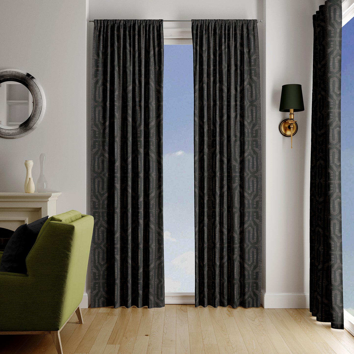 Modern Boho Blackout Curtains in Tribal Kuba Cloth - Charcoal
