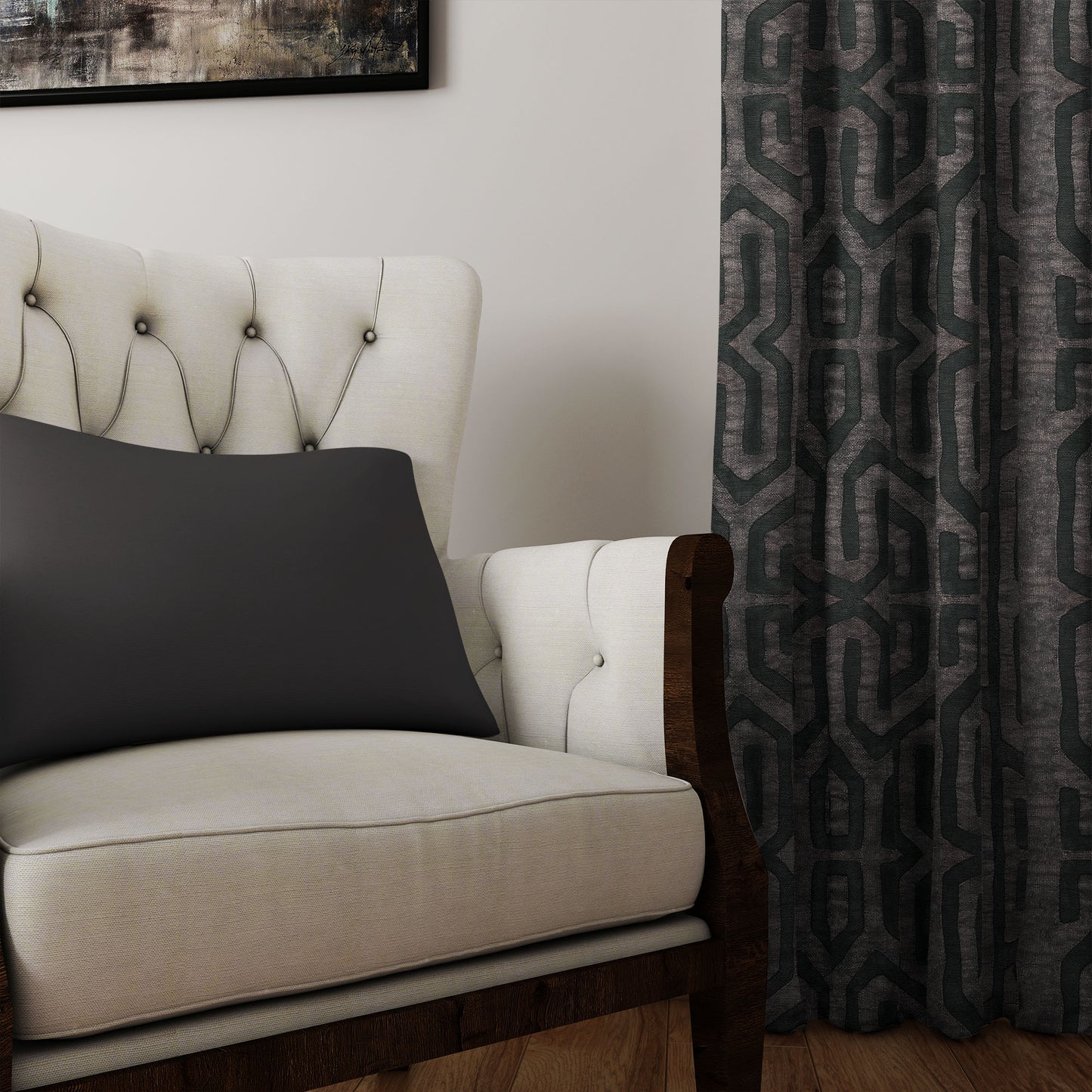 Modern Boho Blackout Curtains in Tribal Kuba Cloth - Charcoal