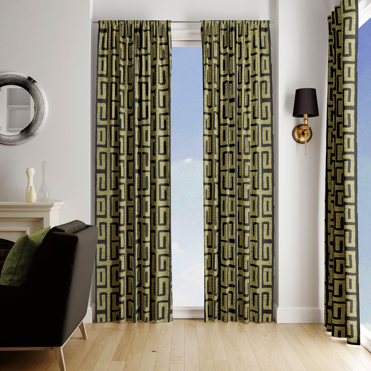 Afro Boho Curtains with Blackout in Traditional Kuba Cloth Design - Chartreuse Green