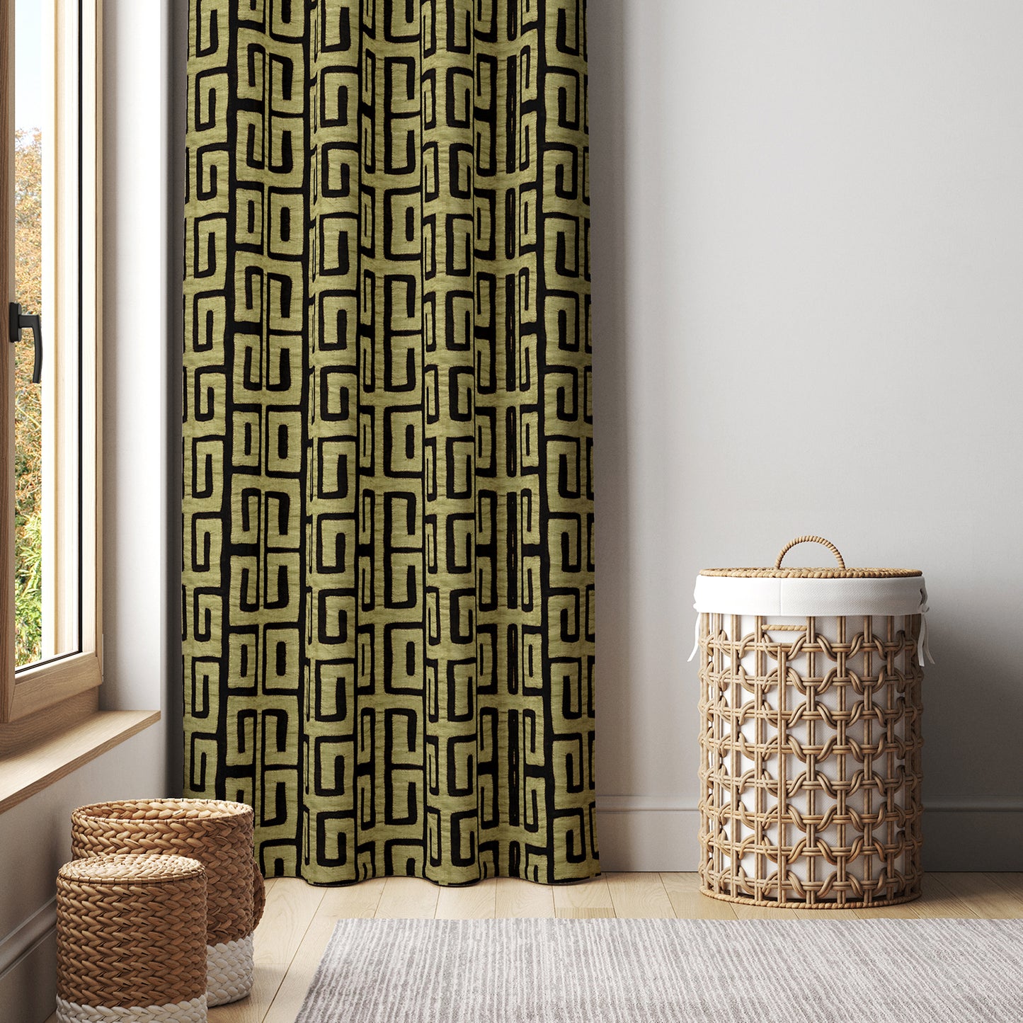 Afro Boho Curtains with Blackout in Traditional Kuba Cloth Design - Chartreuse Green