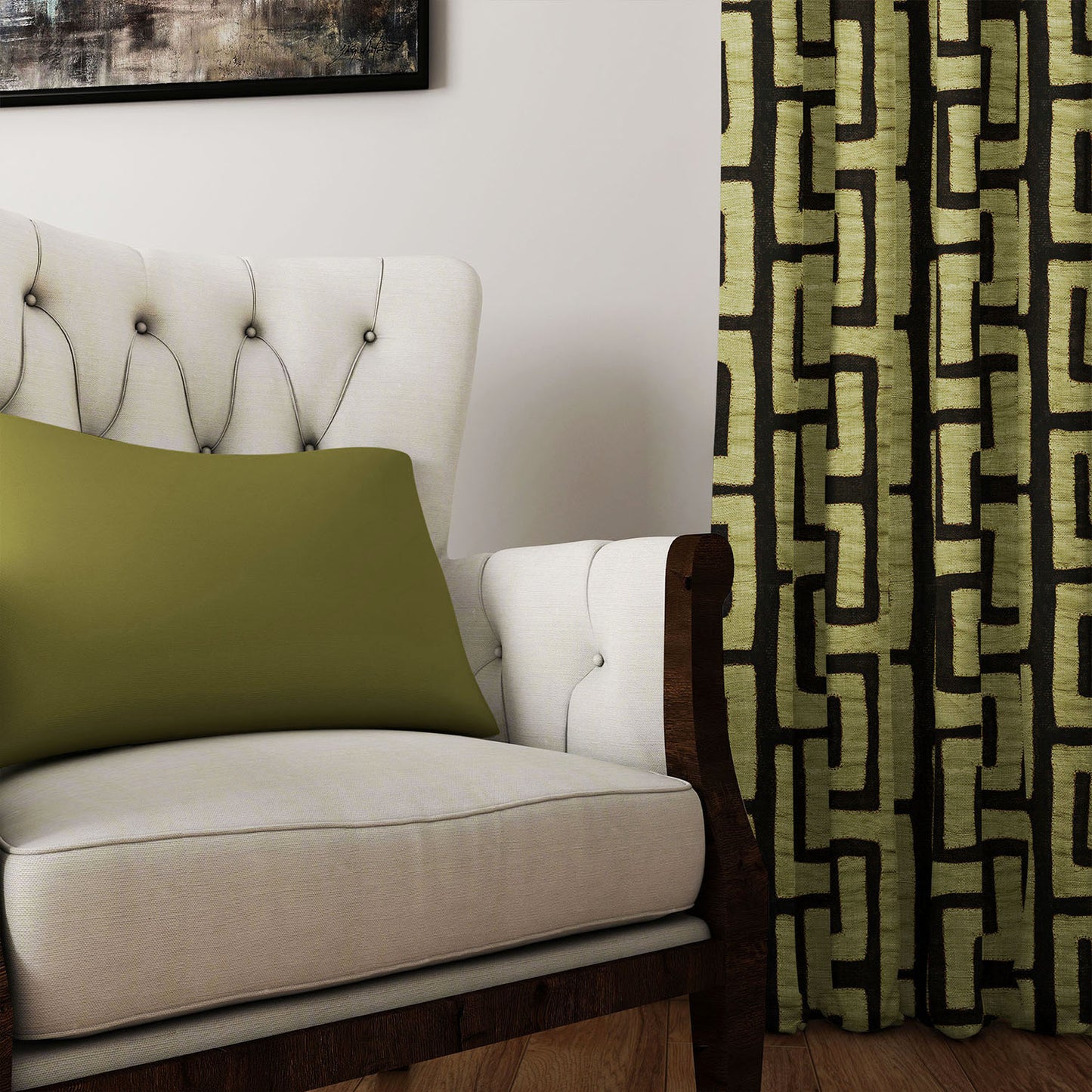 Afro Boho Curtains with Blackout in Traditional Kuba Cloth Design - Chartreuse Green