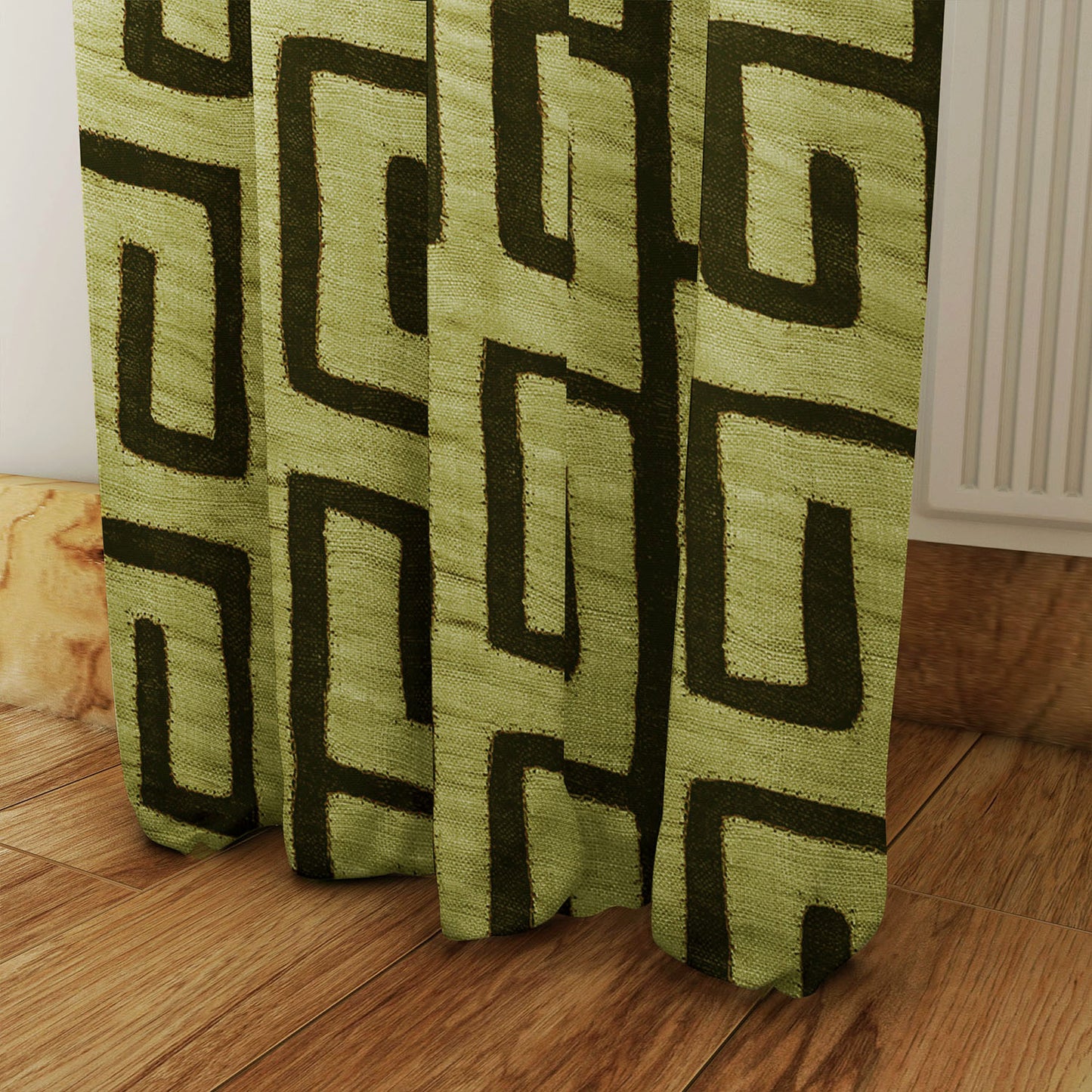 Afro Boho Curtains with Blackout in Traditional Kuba Cloth Design - Chartreuse Green