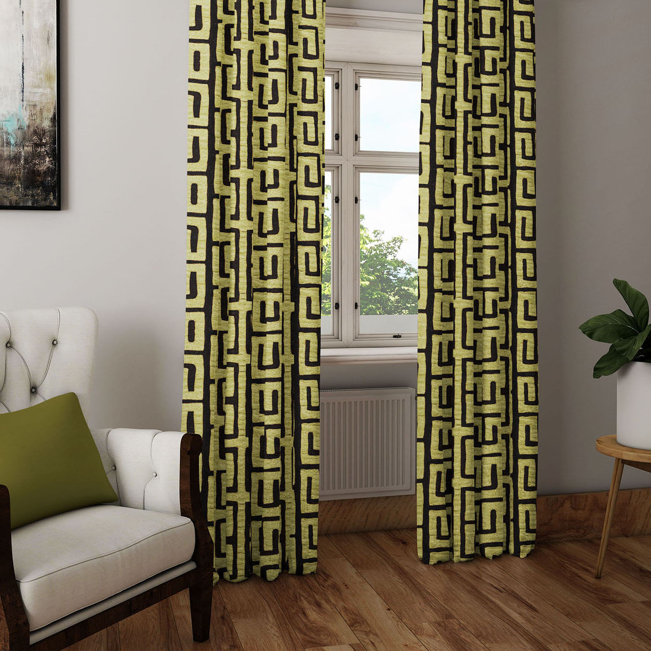 Afro Boho Curtains with Blackout in Traditional Kuba Cloth Design - Chartreuse Green