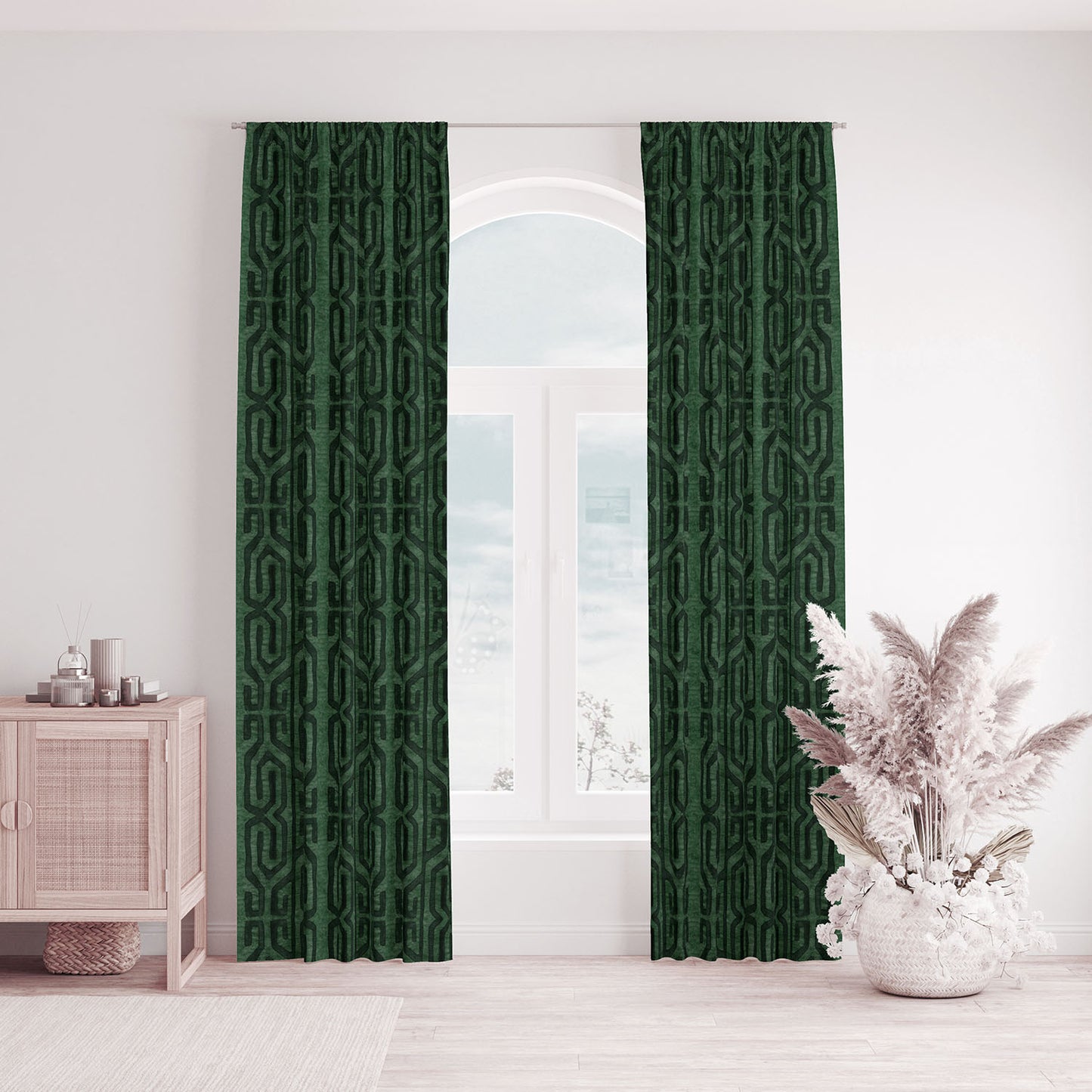 Modern Boho Blackout Curtains in Tribal Kuba Cloth - Jade