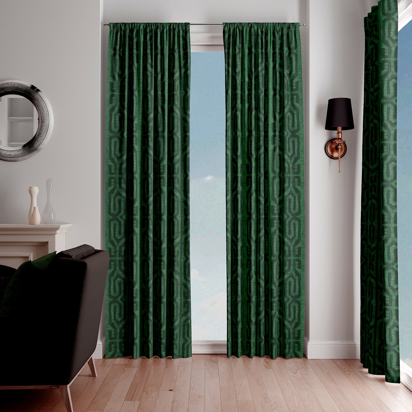 Modern Boho Blackout Curtains in Tribal Kuba Cloth - Jade