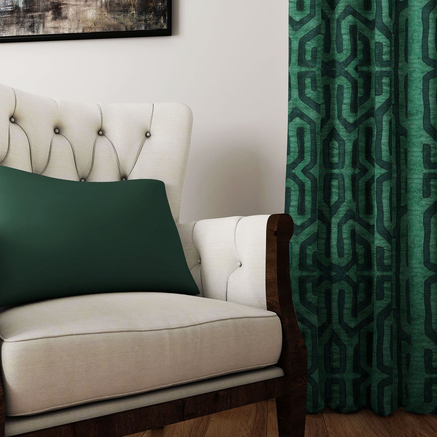Modern Boho Blackout Curtains in Tribal Kuba Cloth - Jade