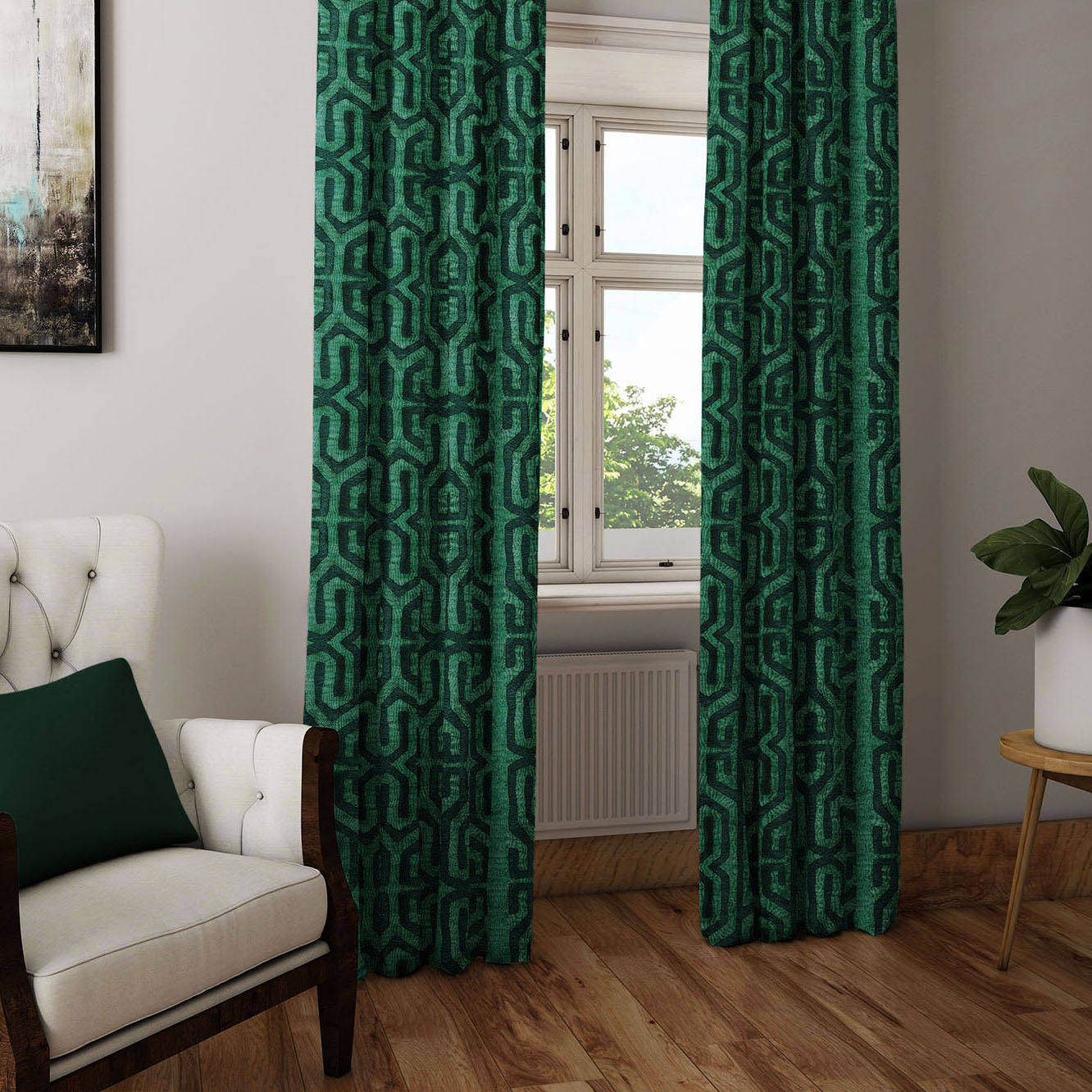 Modern Boho Blackout Curtains in Tribal Kuba Cloth - Jade