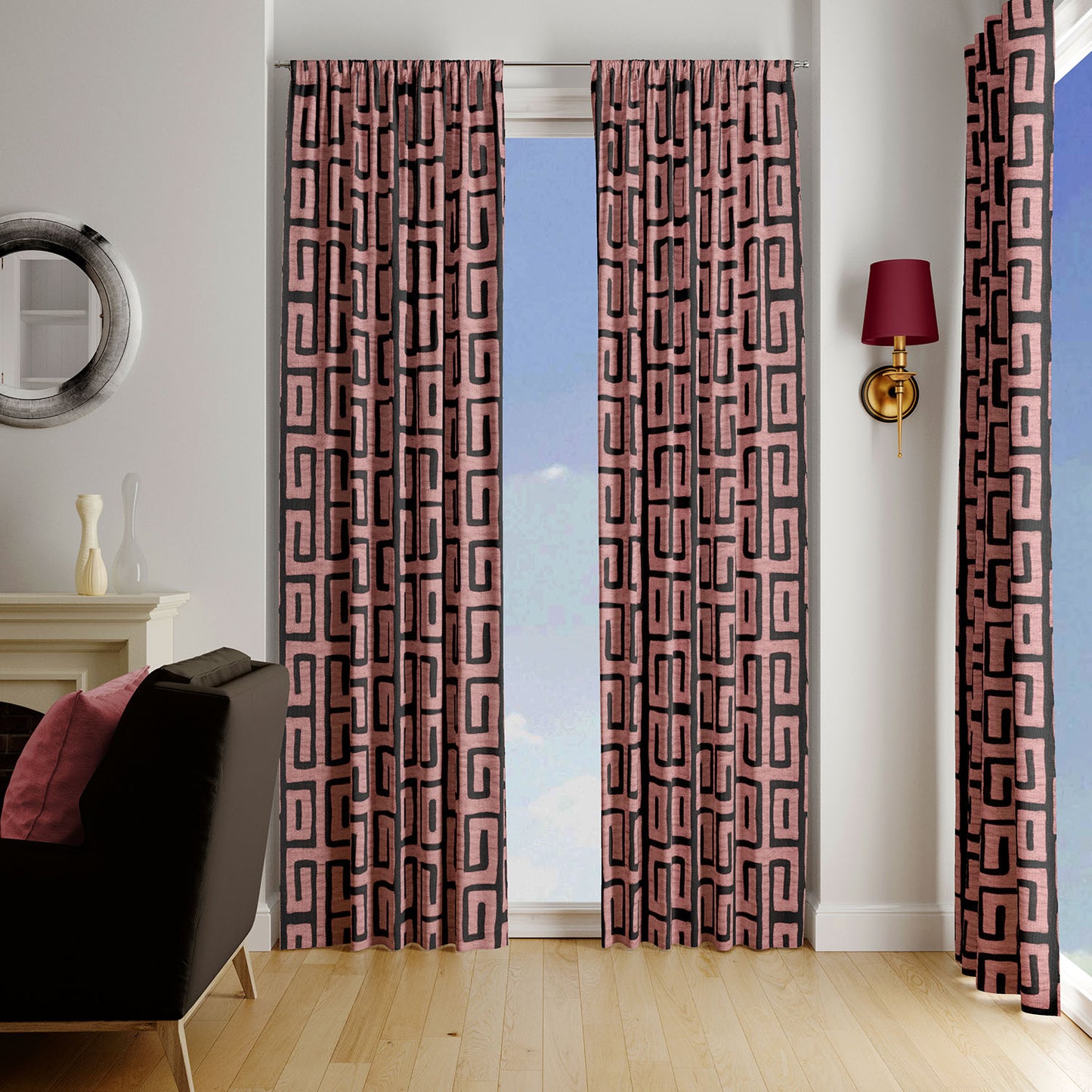 Afro Boho Curtains with Blackout in Traditional Kuba Cloth Design - Pink