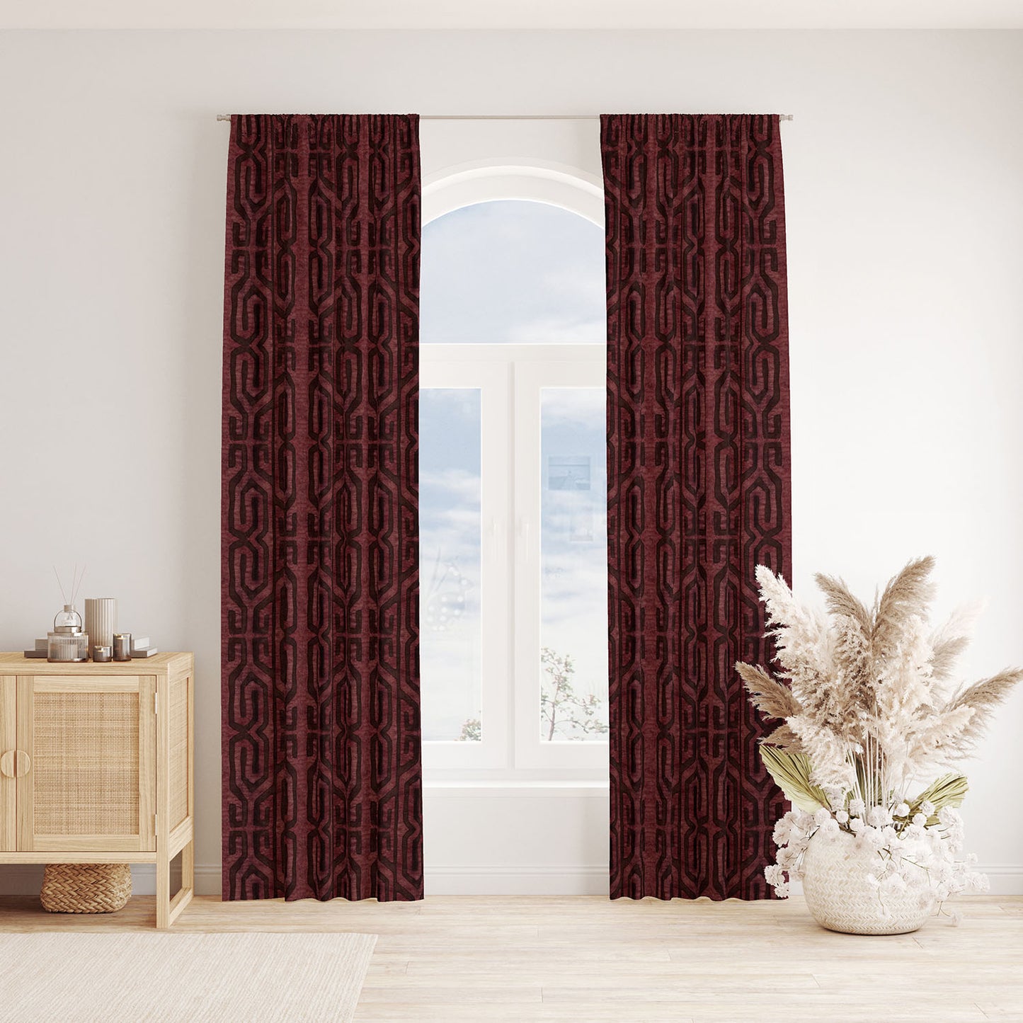 Modern Boho Blackout Curtains in Tribal Kuba Cloth - Wine