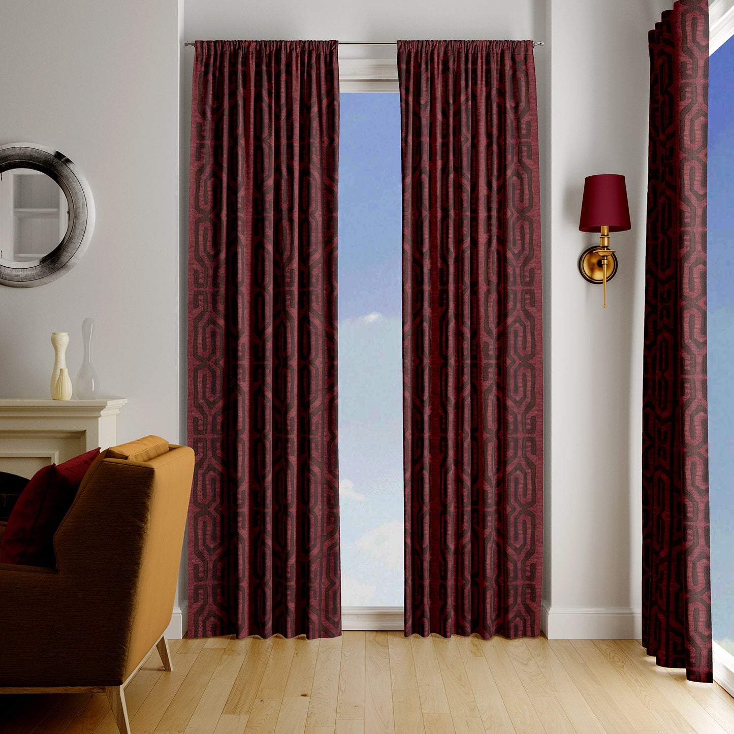Modern Boho Blackout Curtains in Tribal Kuba Cloth - Wine