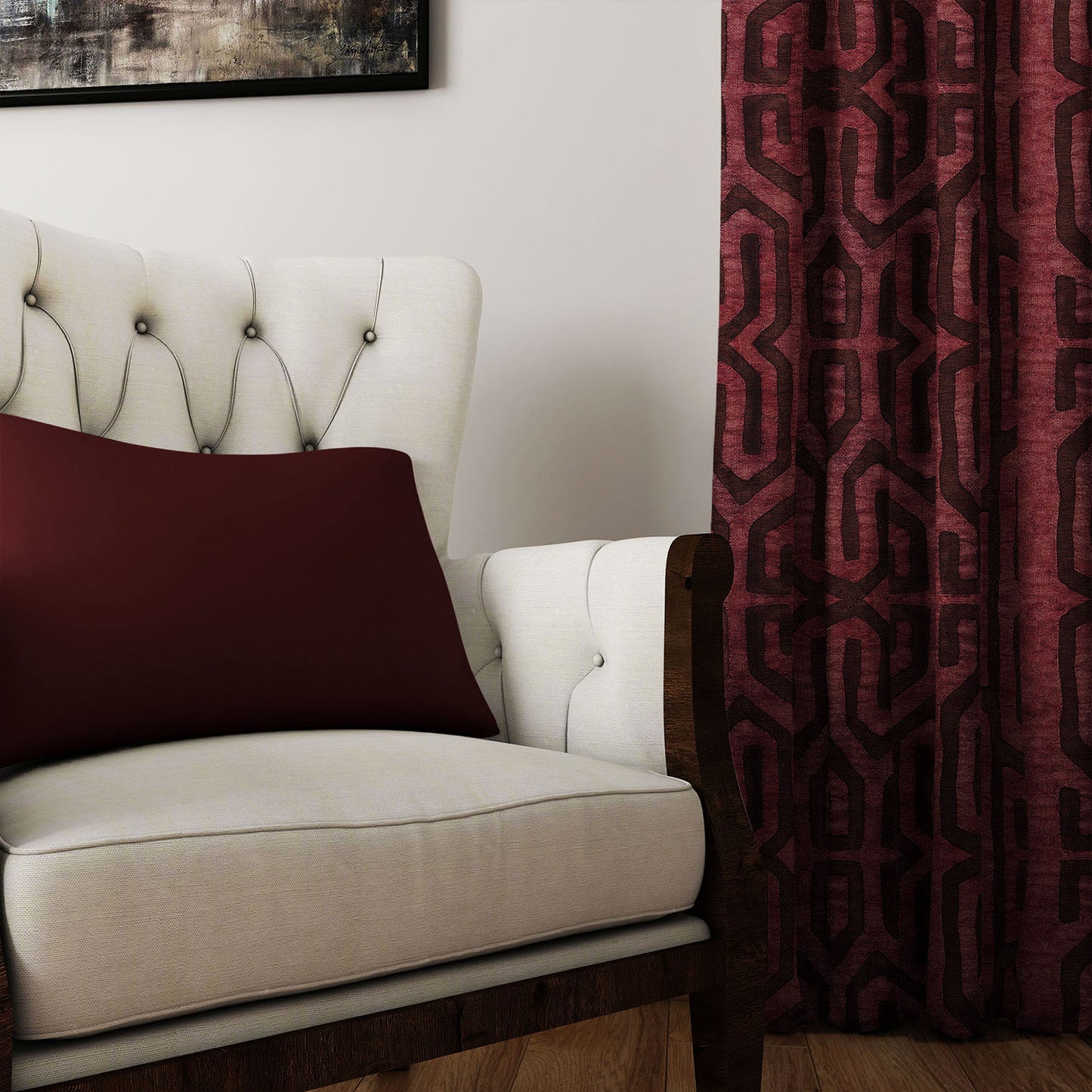 Modern Boho Blackout Curtains in Tribal Kuba Cloth - Wine