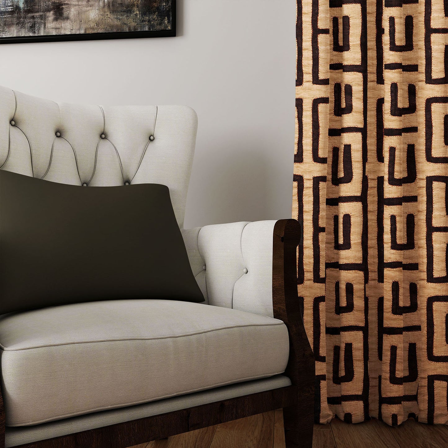 Afro Boho Curtains with Blackout in Traditional Kuba Cloth Design - Tan
