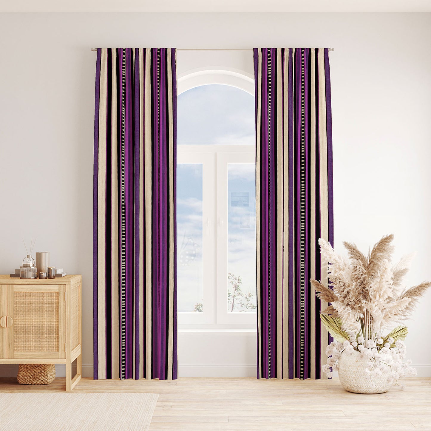 Modern Bohemian Curtains with Blackout in Colorful Ethnic Stripes - Purple