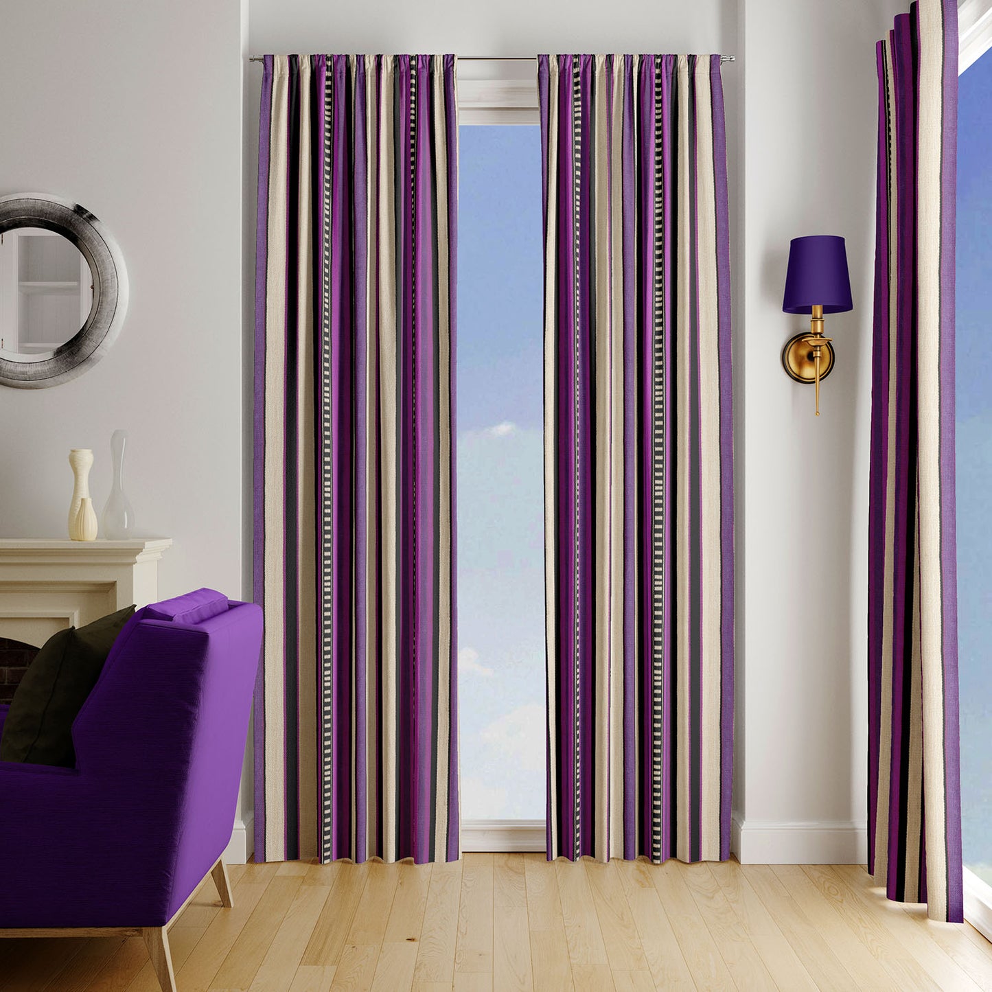 Modern Bohemian Curtains with Blackout in Colorful Ethnic Stripes - Purple