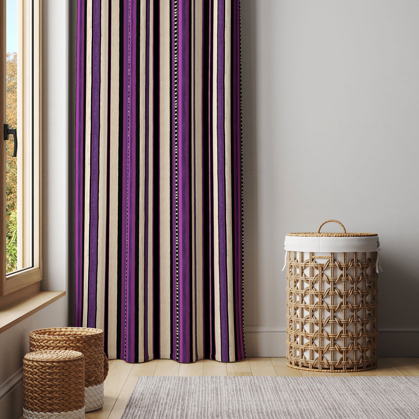 Modern Bohemian Curtains with Blackout in Colorful Ethnic Stripes - Purple