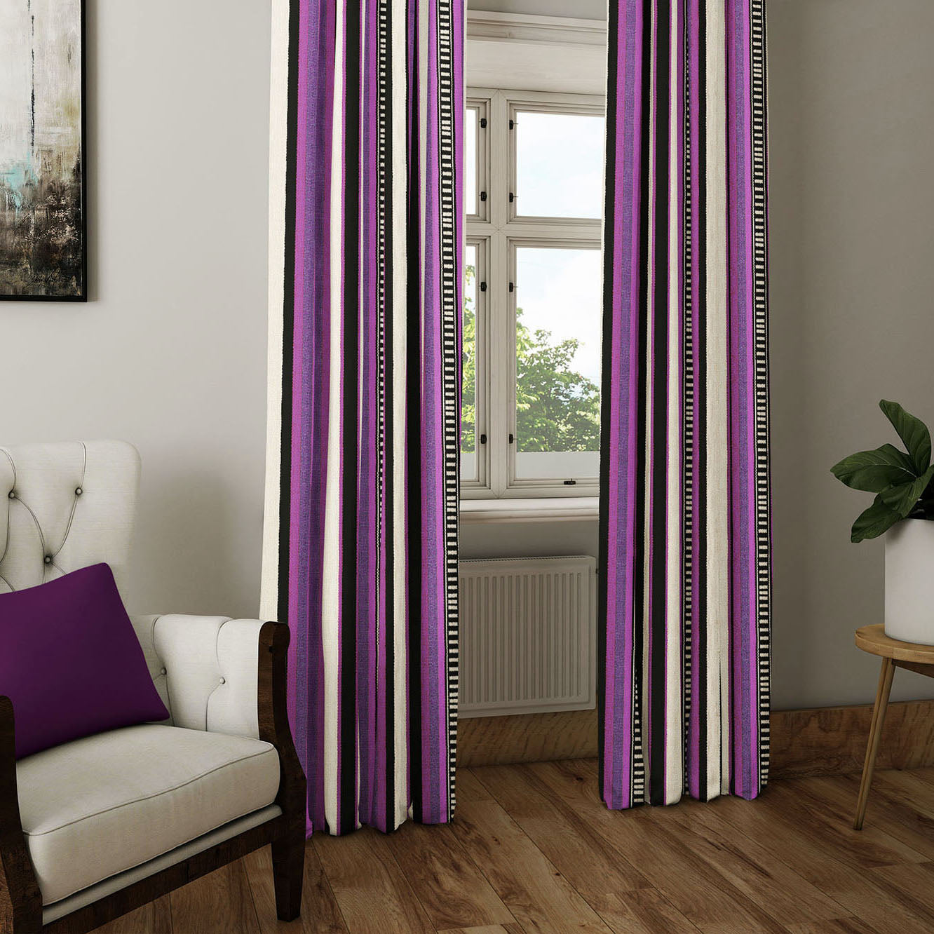 Modern Bohemian Curtains with Blackout in Colorful Ethnic Stripes - Purple