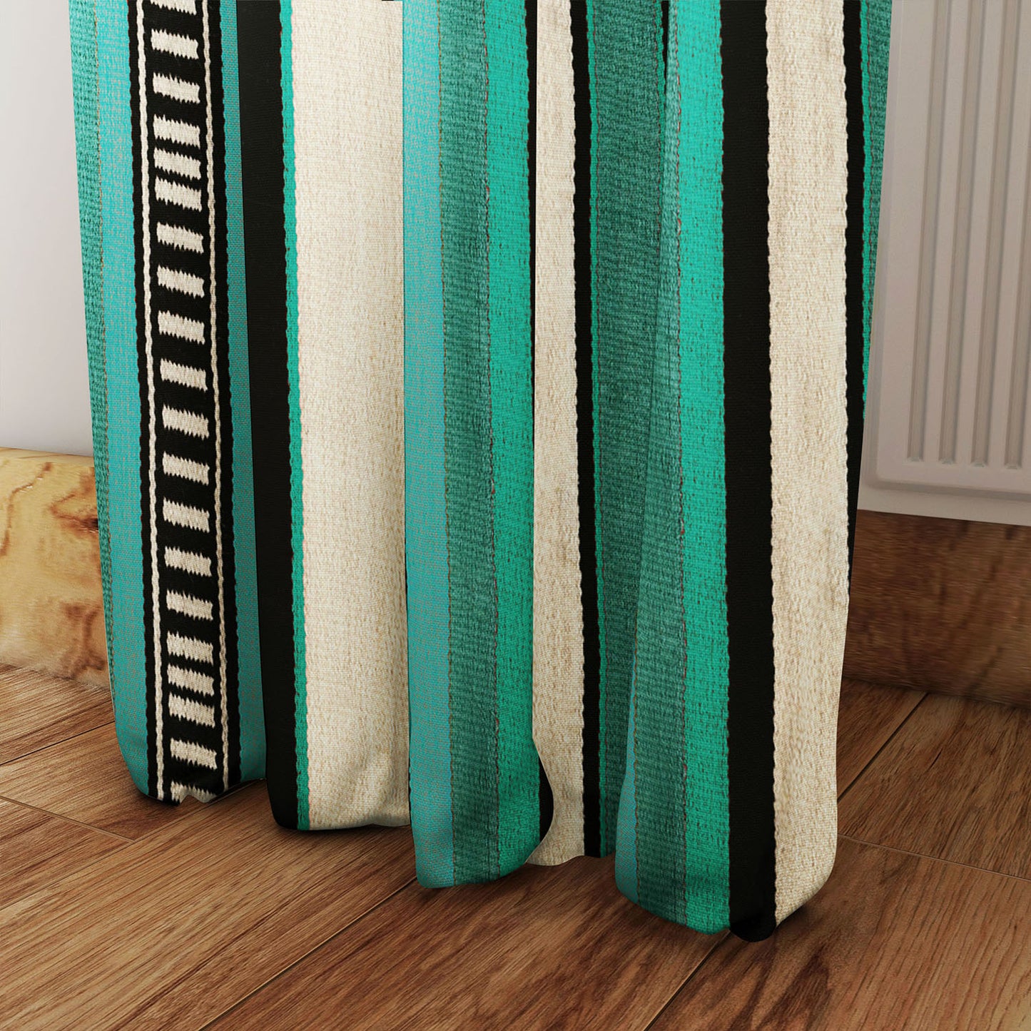Modern Bohemian Curtains with Blackout in Colorful Ethnic Stripes - Aqua