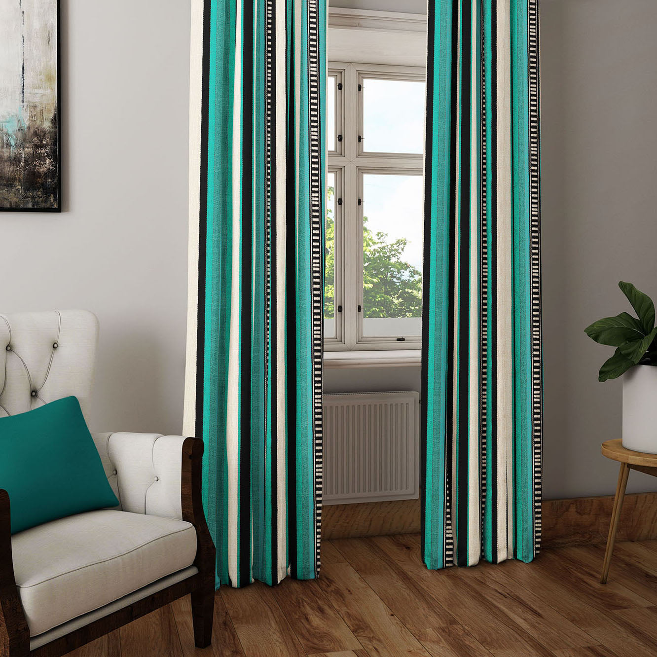 Modern Bohemian Curtains with Blackout in Colorful Ethnic Stripes - Aqua