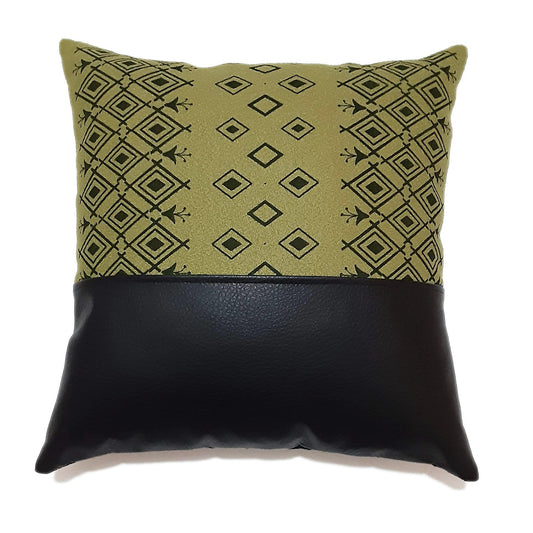 Boho Tribal Moroccan Pillow Cover 20x20 Inch Chartreuse Yellow Green Textured Boucle Fabric with Black Faux Leather Pillow Cover in Color Block Design