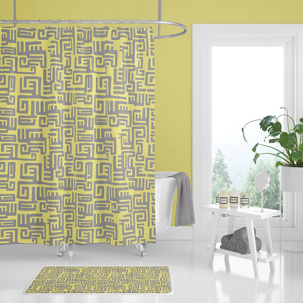 Yellow and Gray Modern Boho Shower Curtain and Bath Mat Sets