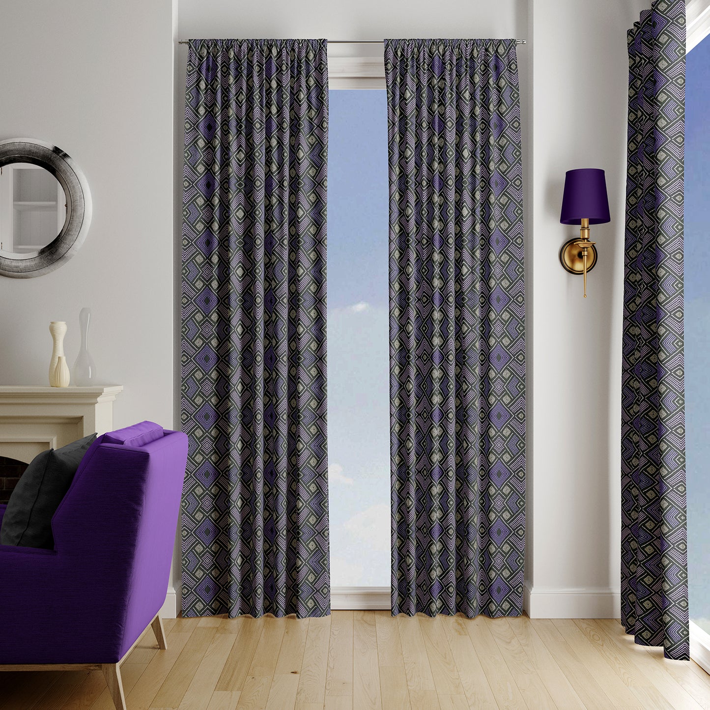 Modern Boho Afrocentric Decor Window Curtains - Purple