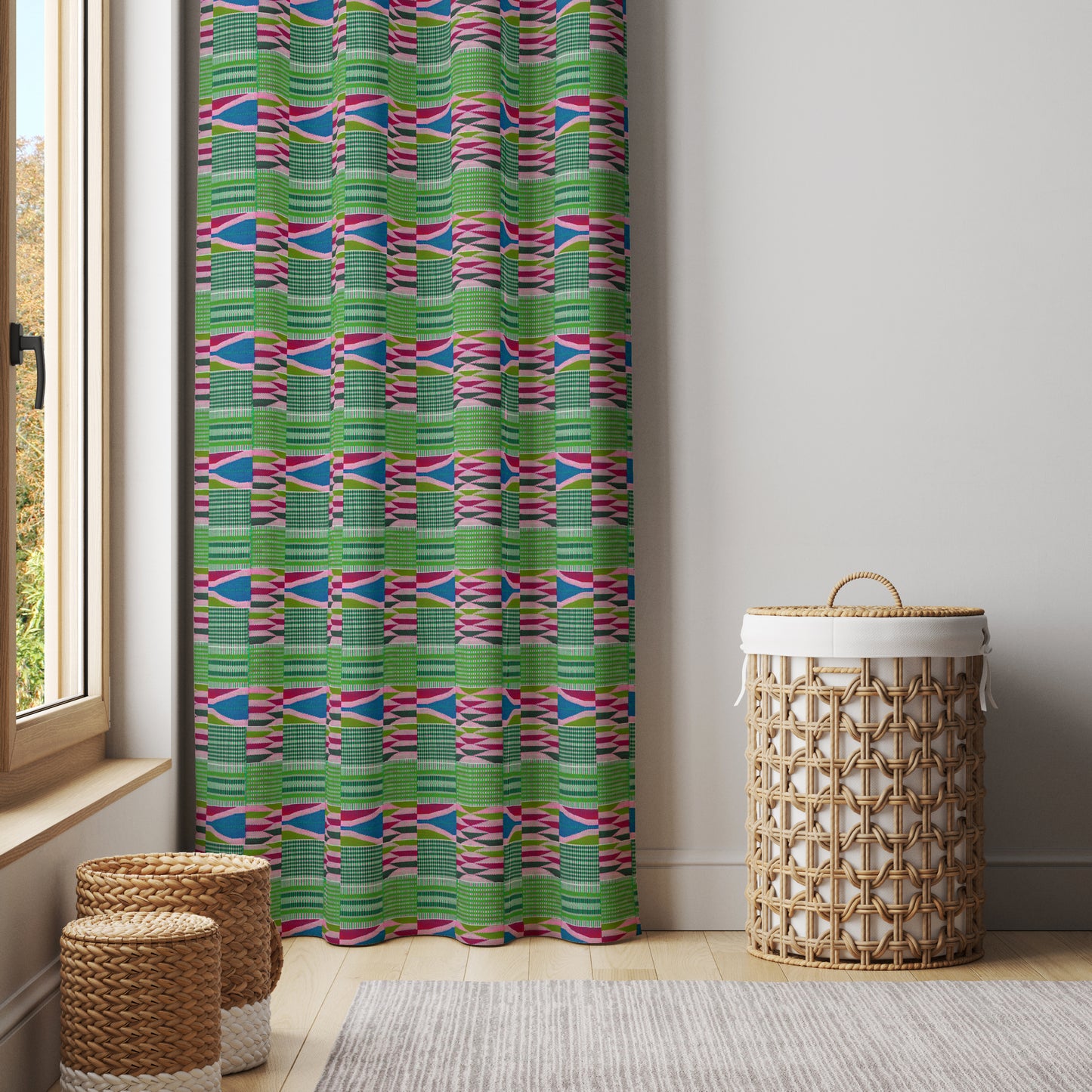 Boho Curtains in African Kente Cloth Inspired - Pink and Green