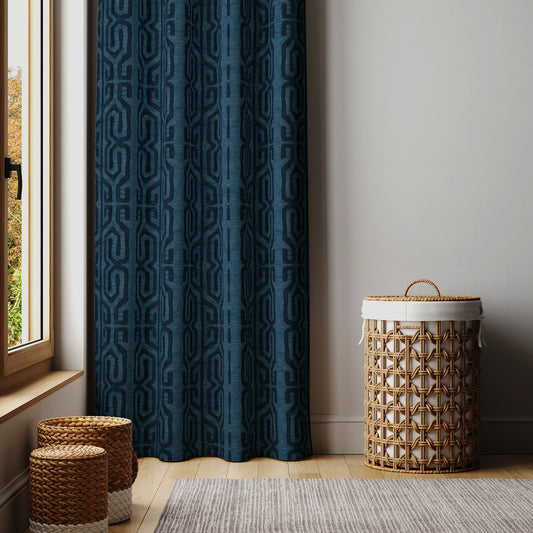 Modern Boho Blackout Curtains in Tribal Kuba Cloth - Blue