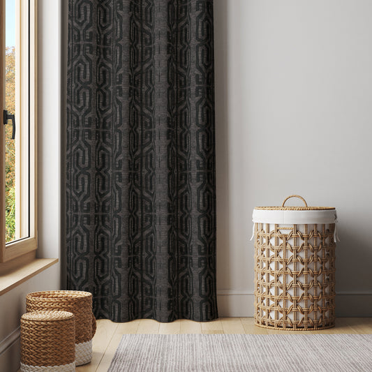 Modern Boho Blackout Curtains in Tribal Kuba Cloth - Charcoal