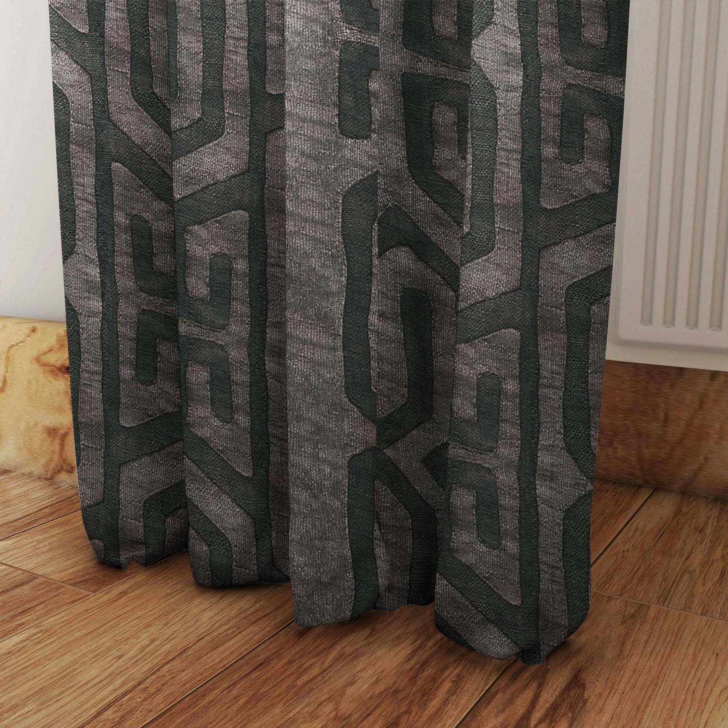 Modern Boho Blackout Curtains in Tribal Kuba Cloth - Charcoal