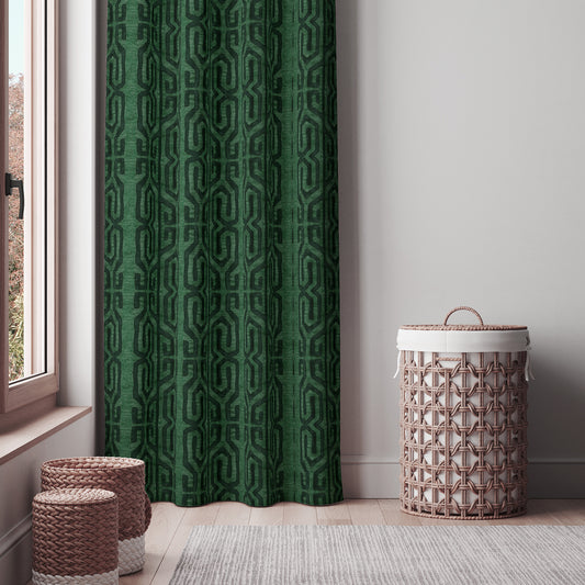 Modern Boho Blackout Curtains in Tribal Kuba Cloth - Jade