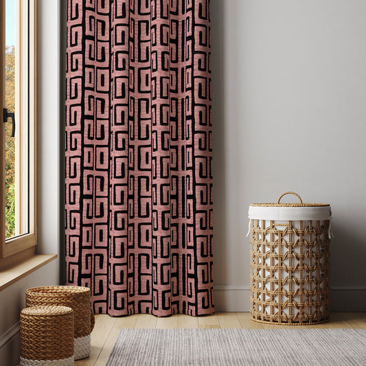 Afro Boho Curtains with Blackout in Traditional Kuba Cloth Design - Pink