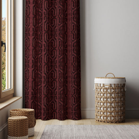 Modern Boho Blackout Curtains in Tribal Kuba Cloth - Wine