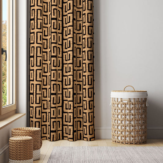 Afro Boho Curtains with Blackout in Traditional Kuba Cloth Design - Tan