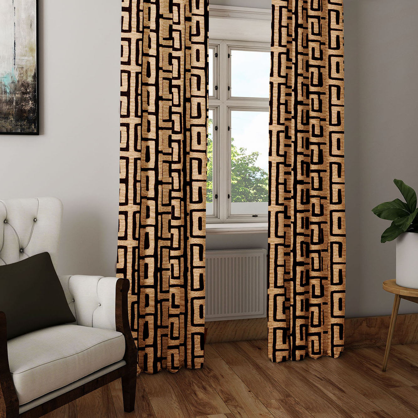 Afro Boho Curtains with Blackout in Traditional Kuba Cloth Design - Tan